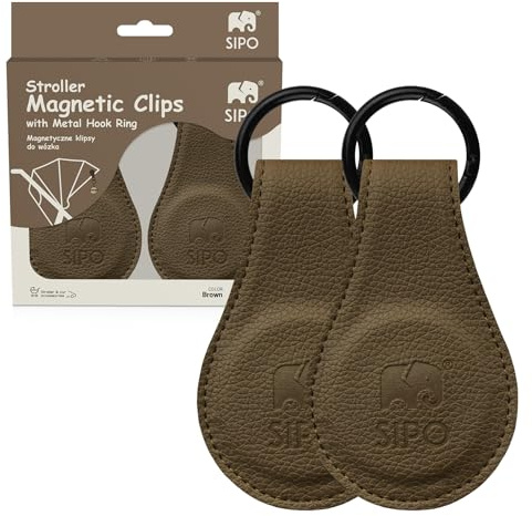 SIPO Magnetische Clips 2er Set Braun – Universal Kinderwagen & Babysitz Anhänger | Eco‑Leder, Metallring, Max. Tragkraft  1kg