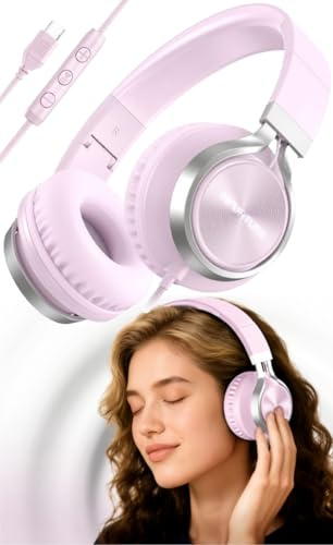 INFURTURE Auriculares USB C con cable con micrófono y control de volumen, línea trenzada sin enredos, auriculares tipo C sobre la oreja, ligeros y plegables para smartphone, tablet, iPhone serie 16/15