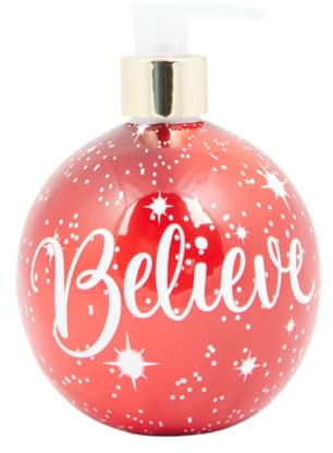 Believe Hand Soap – Peppermint Swirl Scented Christmas Soap Dispenser, 550ml, Festive Red Bauble-Shaped Holiday