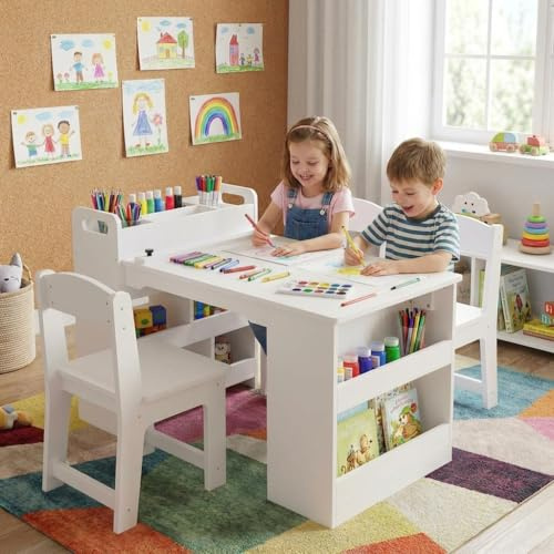 Garvee Multi-Functional Kids Art Table with 2 Chairs Set and Large Storage Shelves for Drawing, Painting, Reading, Learning, Wooden Activity Desk for Playrooms, Classrooms, or Home, White