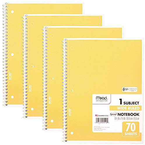 Mead Spiral Notebooks, 1 Subject, Wide Ruled Paper, 70 Sheets, 10-1/2 x 7-1/2 inches, Yellow, 4 Pack (38072)