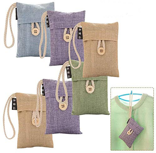 Bamboo Charcoal Air Purifying Bag, 6pcs Natural Air Purifying Bag Captures and Eliminates Odors Hanging Pouches for Shoes Home Kitchen and Cars
