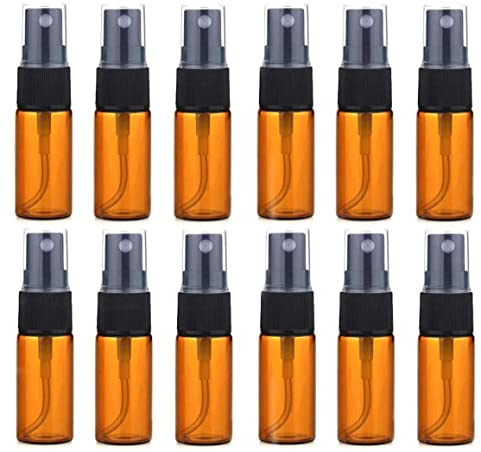 12 PCS Amber Glass Bottles Empty Spray Bottle Round Glass Bottle with Clear Sprayer- Perfect for Essential Oil Formulas Aromatherapy and Other Cosmetic Products (10ml/0.34oz)