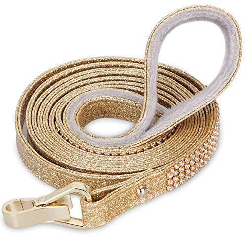 PetsHome Hundeleine, Haustier-Leine, [Bling Strasssteine] Premium PU-Leder, langlebig und weich, 1,5 m Leine für Kontrolle, Sicherheitstraining, Gehleine für kleine bis mittelgroße Hunde, Gold