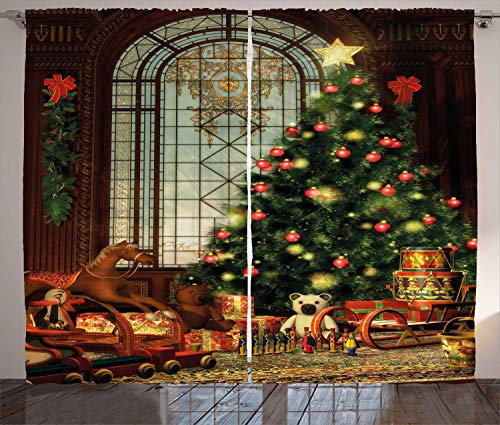 ABAKUHAUS Weihnachten Rustikaler Vorhang, Magischer Weihnachtsbaum, Wohnzimmer Universalband Gardinen mit Schlaufen und Haken, 280 x 175 cm, Braun Grün Rot