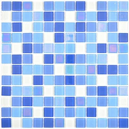 Fluoreszierendes Glasmosaik Quadrat Crystal mix blau light blue white für WAND KÜCHE Wandverblender Fliesenspiegel Verkleidung | 10 Matten