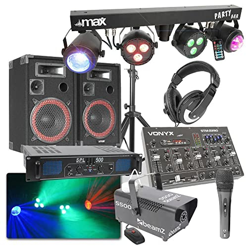 MAX SKYTEC Pack Disco DJ - Enceinte 500W, Jeux de Lumière sur Barre en T Contrôle par Télécommande, Amplificateur 2X 250W, Machine à Fumée avec Liquide Inclus, Table de Mixage