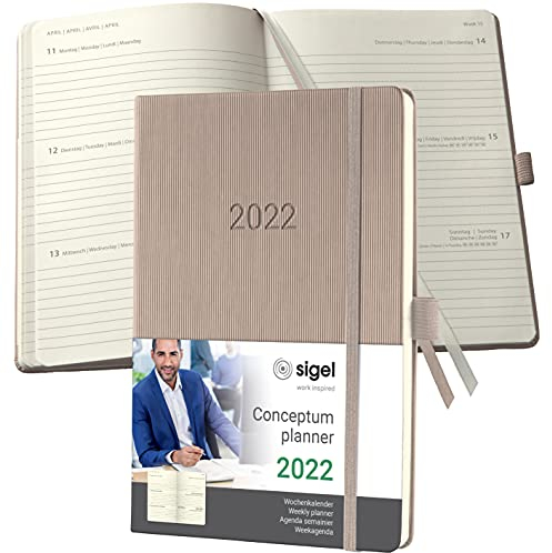 SIGEL C2260 Terminplaner Wochenkalender 2022 - ca. A5 - taupe - Hardcover - 192 Seiten - Gummiband, Stiftschlaufe, Archivtasche - PEFC-zertifiziert - Conceptum