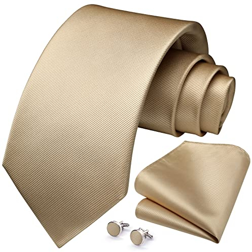 HISDERN Herren Hochzeit Champagner Krawatten und Einstecktuch Solide Krawatte Manschettenknöpfe Set