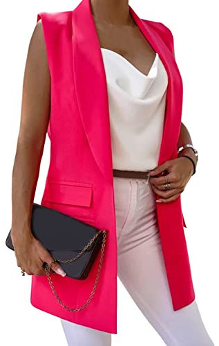 SHINROAD Gilet sans manches pour femme avec poches à rabat à bouton unique - Blazer tendance à revers - Costume de bureau - Gilet de travail - Rose rouge - XL