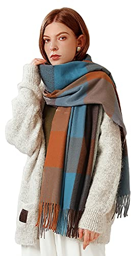 Bakicey Damen Schal XXL Warm Weich Strickschal Karo Winterschal Herbstschal Wolleschal Frauen Deckenschal Halstuch Scarf Poncho Cape (Muschel Cyan)