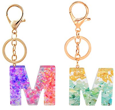 2Pcs Porte-clés, Porte-clés en résine, Porte-clés à lettres avec fleurs, Alphabet A-Z Key Ring pour les femmes Cadeaux d’anniversaire de fille (M)