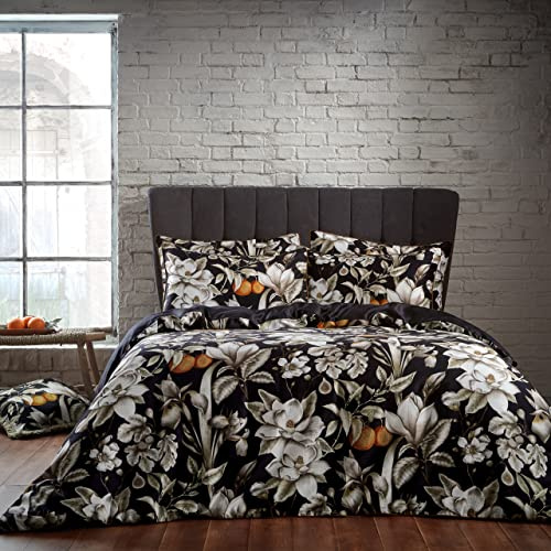 EW by Edinburgh Weavers Lavish Duvet Cover Set – Classic Botanical Cotton Sateen, 200 Thread Count (Noir – Super King)
