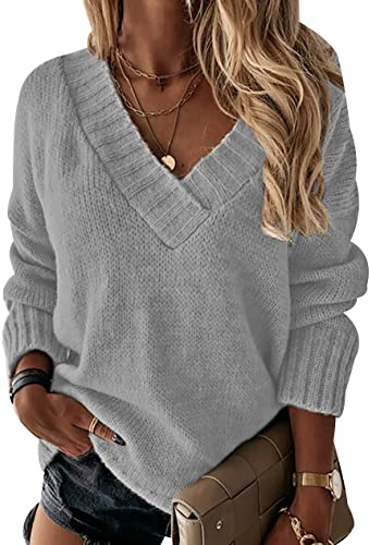 Jersey Pico Mujer Suéter Punto V Neck Sweater Pullover Ochos Oversize Ancho Básico Talla Grande Jerseys Anchos Modernos Invierno Señora Gris XL