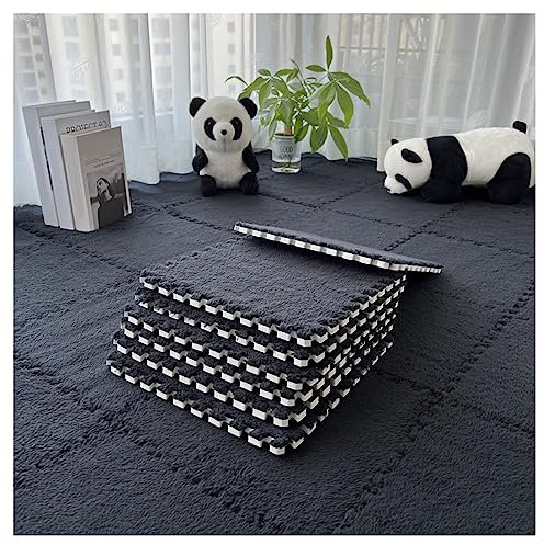12-teilige Puzzle-Spielmatte, Flauschige Plüsch-Teppichfliesen, Quadratisches Schaumstoff-Teppich-Set, Schaumstoff-Bodenfliesen Für Spielzimmer, Schlafzimmer, 30 X 30 cm(Color:Schwarz)