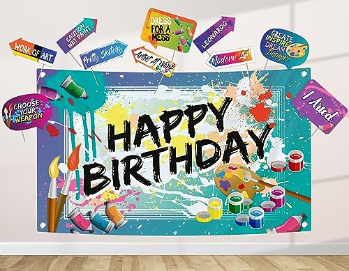 Art Party Decoration Kit - Includes Photography Backdrop & 10 Selfie Photo Booth Props with Sticks - Artist Paint Theme Studio Background Banner Birthday Supplies