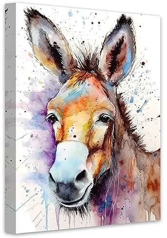 LZIMU Aquarell Esel bild auf Leinwand lustiges süßes Tierporträt Leinwandbild für Kinderzimmer Kinderzimmer Wanddekoration Gerahmt (1, 30.00x45.00cms)