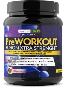 Healthy Fusion Pre Workout Xtra Strength | Pré-Workout Puissant avec Bêta-Alanine, AAKG, L-Arginine, Créatine, Caféine, Taurine | Énergie & Performance | Saveur Pastèque | 300 g