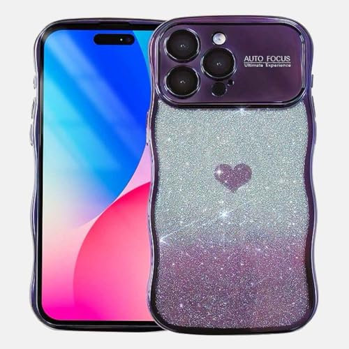 Skyhewen for iPhone 12 Case, Cute Curly Wave Frame Case for Girls Women, Transparent Soft Silicone TPU Bumper with Lens Protector & Detachable Shiny Love Glitter Film for iPhone 12, Dark Purple