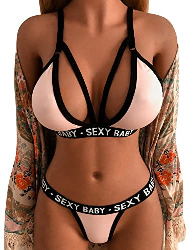 Completo Intimo Donna Hot Sexy con Reggiseno e Slip: 2 Pezzi Hard Nudo Push Up Lingerie Set da Notte, Sadomaso Senza Schienale di Raso con Fiocco, Erotico Floreale Ricamato Babydoll con Spalline