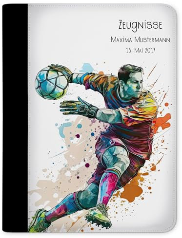 CreaDesign Customize A4 Zeugnismappe für Kinder 26,7x32,7x1 cm, Sichtbuch mit 10 Klarsichthüllen, erweiterbar auf bis zu 20 Taschen, Fußball Junge Torwart weiß Design, Dokumentenmappe für Schüler