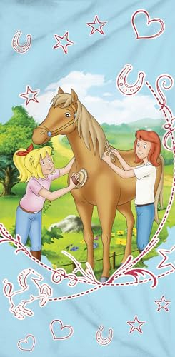 Bibi und Tina Badetuch Sternenzauber 75 x 150 cm Blau 100% Baumwolle Velours-Qualität Bibi Blocksberg Tina Pferde Mädchen Girl Sabrina Amadeus Strandtuch Handtuch Strandlaken Pass. z. Bettwäsche