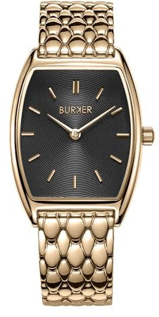 BURKER Damenuhr Grace, Oval Damen Armbanduhr Gliederarmband Edelstahl Analog Quarz 3-ATM Wasserdicht - 25 mm - Gold Schwarz