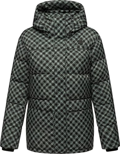Ragwear Damen Winter-Steppjacke Wikesh Print Hahnentritt wasserdicht | Länge: po-bedeckend, Kapuze, atmungsaktiv, gerader Schnitt; für kalte City- und Outdoor-Tage.