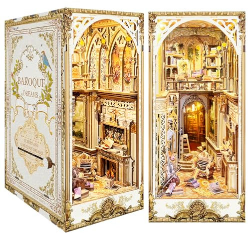 fisca Book Nook Kit,DIY Miniatur Puppenhaus Bausatz,Bücherregal Deko mit Licht,Bücherecke Bücherregal Einsatz Dekor,Holz Puzzle Buchstütze für Erwachsene & Jugendliche (Fanhua-Garten)