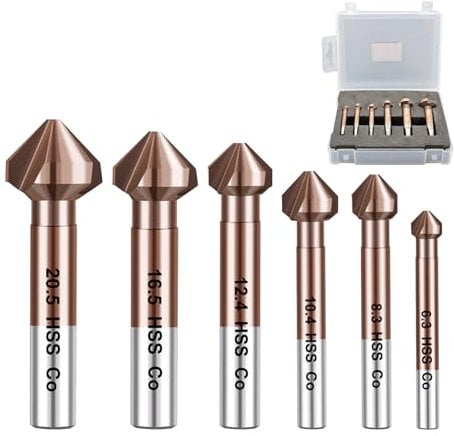 FOCSTOL Brocas Avellanador para Metal - Cobalto Avellanadores Cónicos 90° HSS con Mango Redondo para Acero Inoxidable Cobre Aluminio Madera Plástico 6pzs (6,3/8,3/10,4/12,4/16,5/20,5mm)