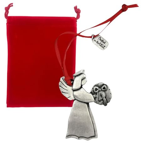 Engel mit Weihnachtskranz aus Zinn (Satin-Finish), Hochrelief und detailliertes Design, festliche Weihnachtsdekoration, handgefertigt in den USA