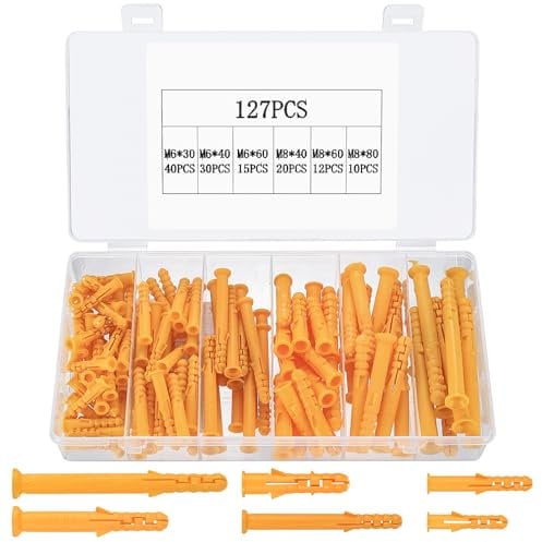 127 Pcs Chevilles Murales, Cheville Beton, Cheville Parpaing Creux, Cheville Brique Creuse, Cheville Plastique, Cheville à Expansion pour Mur Creux, Cheville pour Plaques de Plâtre Beton Fixations