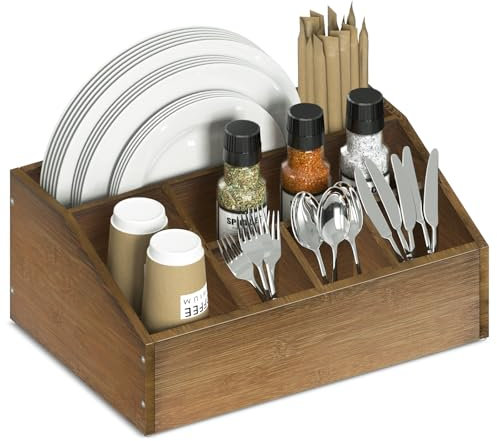 Lille Home 6-Compartment Bamboo Cutlery Caddy, Coffee Bar Accessories Organizer Countertop, Paper Plate Dispenser & Holder for Table, Kitchen Counter, Party, Condiments, Utensil