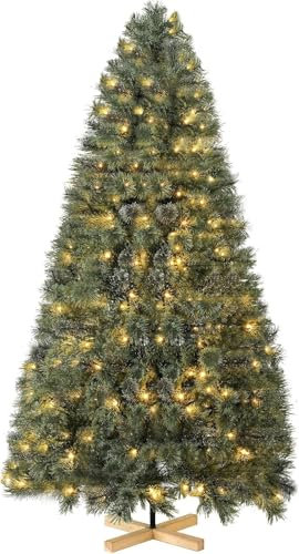 Sapin de Noël Artificiel 210 cm, Sapin Nordmann Premium, Arbre de Noël de Qualité Supérieure, avec Support en Bois, avec 300 Lumières Blanc Chaud, 600 Pointes, Tronc Vert, Ignifuge, Décoration de Noël