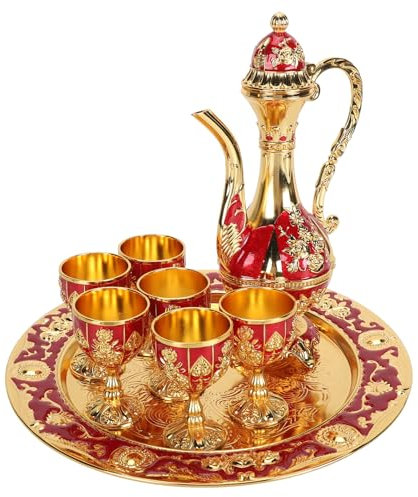 Wine Pot Set Decorative Exquisite Vintage Pot Tray Set Practical Luxury for Dinner Party Bar Counter Cocktail (Gold Red)