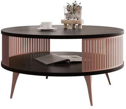 Mirjan24 Couchtisch mit Ablage Rajkon, Runde Form, Metallbeine, Kaffeetisch, Wohnzimmertische, Beistelltisch, Sofatisch, Teetisch (Schwarz Molet, Kupfer)