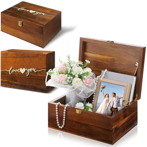 Threehoney Große hölzerne Hochzeits-Erinnerungsbox mit Deckel, Love | 30,5 x 22,9 x 14 cm Erinnerungsaufbewahrung, Verlobungsgeschenk für Paare, Brautparty, Organizer, Fotoschmuckhalter
