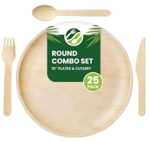Eco Leaf 100pcs Disposable Palm Leaf Plates and Wooden Cutlery Set – 25 Large Round Plates, 25 Forks, 25 Knives, 25 Spoons – Eco-Friendly, Biodegradable, Perfect for Parties, Events, and Catering