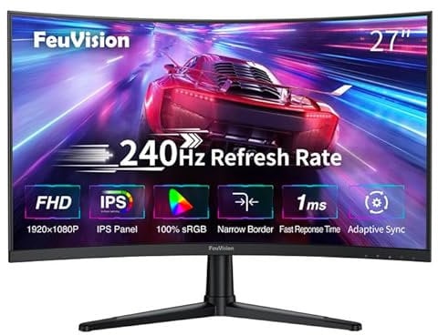 FeuVision 27 inch Curved Gaming Monitor 240Hz, FHD 1080p, VA Panel, 0.5ms Response Time, Adaptive sync, PC Computer Monitor, 3-Sided Frameless, Ultra Slim, 100% sRGB, Bluelight Filter, DP, HDMI
