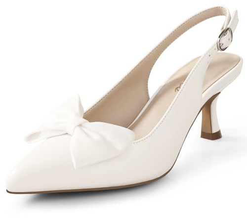 Ankis Damen Slingback Kitten Heels Geschlossene Spitze Niedriger Absatz Pumps Bequeme Kleid Schuhe für Hochzeit Party Arbeit Büro Business Casual Alltag 6,3 cm, Weiße Schleife, 39 EU