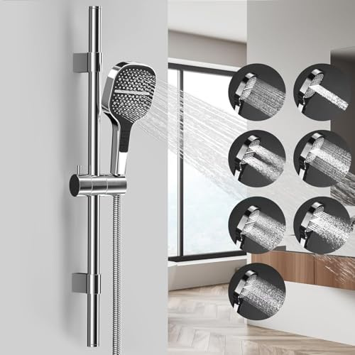 Kit de pommeau de douche à main avec barre de montage et tuyau de douche fixe universel Argenté