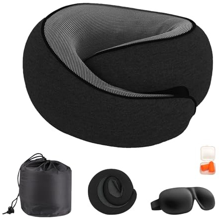 Mayeujds NASA Memory Foam Reisekissen | 360° verstellbar | Flugzeug/Büro-Schlafkissen | Inkl. Schlafmaske & Ohrstöpsel (Noir)