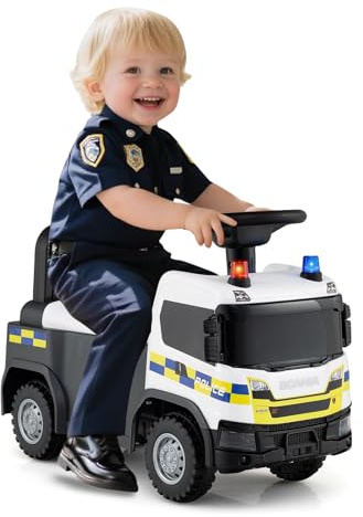 COSTWAY 2 in 1 Rutschauto, Polizeiauto mit Lenkrad, LED-Licht, Hupe & Musik, Rutscher Auto mit Stauraum, Schiebeauto, tragbares Rutschfahrzeug für Kinder ab 1 Jahr (Weiß)