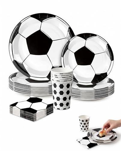 YIPFEN Lot de 60 Vaisselle de Fête pour 20 Invités, Décorations de Football, Assiettes en Carton, Gobelets et Serviettes, Idéal pour Anniversaires d'enfants