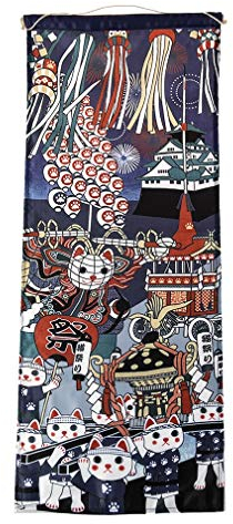 lachineuse - Grand Panneau Mural Japonais Hommage au Maneki Neko - Décoration Japonaise à Suspendre - 80 x 32 cm - Tableau Japonais Traditionnel Estampe - Coloris Bleu - Idée Cadeau Japon Asie