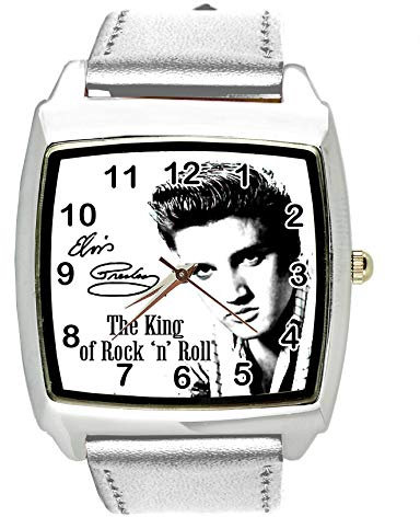 TAPORT® Armbanduhr Analog Quarz mit Echtleder Band Silber Quadrat für Fan von Elvis Presley