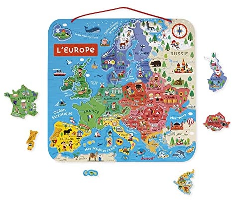 Janod - Magnetisches Puzzle Europakarte - Pädagogisches Holzpuzzle zum Lernen der Geographie - Europareise mit 40 Magneten - Zum Aufhängen an der Wand - Französische Version - Ab 7 Jahren, J05476