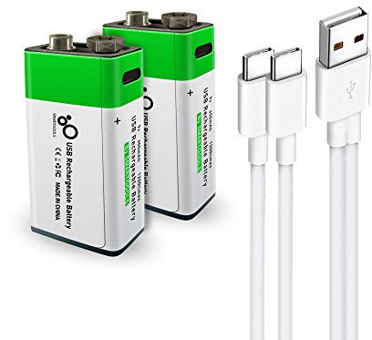 USB 9V Lithium ion Rechargeable Battery, High Capacity 650mAh Rechargeable 9V Battery, 1.5 H Fast Charge, 1200 Cycle with Type C Port Cable, 2-Pack