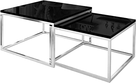 Yoshi 2 in 1 Set Chrom 2-er Set Schwarz Hochglanz Chrom Konstruktion HG Couchtisch Tisch Wohnzimmertisch moderner Kaffeetisch Sofatisch Beistelltisch Wohnzimmer Chromrahmen (Chrom / Schwarz Hochglanz)