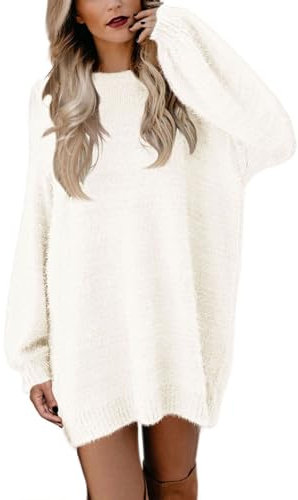 Viottiset Damen Weihnachts Oversize Strickpullover Imitation Kaschmir Minikleid Beige Weiss Groß